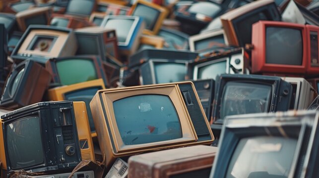An image featuring a heap of colorful vintage television sets discarded in an urban scrapyard, symbolizing technological obsolescence and the cycle of consumer culture.