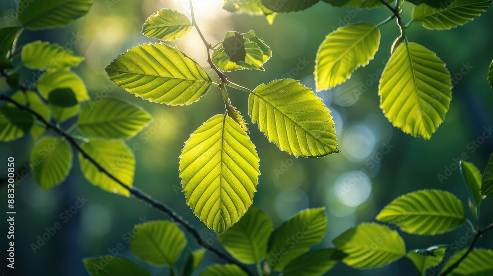 Poster Sunlight filtering through leaves in spring