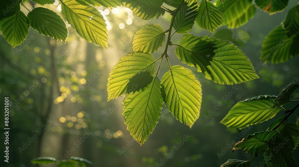 Poster sunlight filtering through leaves in spring