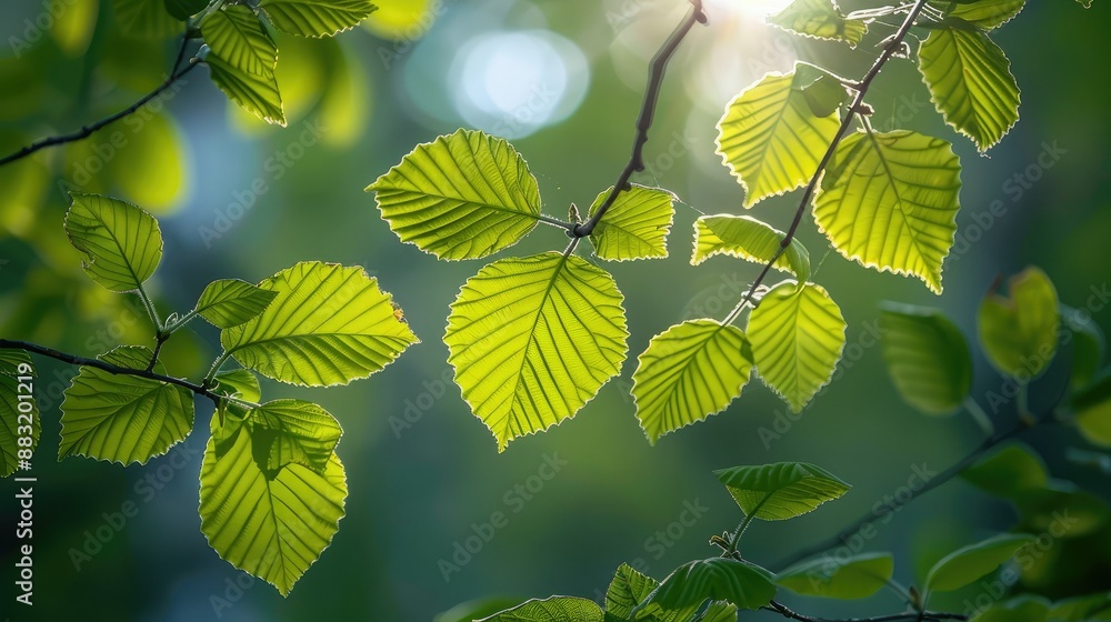 Poster sunlight filtering through leaves in spring