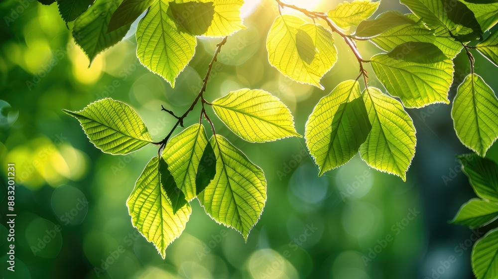 Poster sunlight filtering through leaves in spring