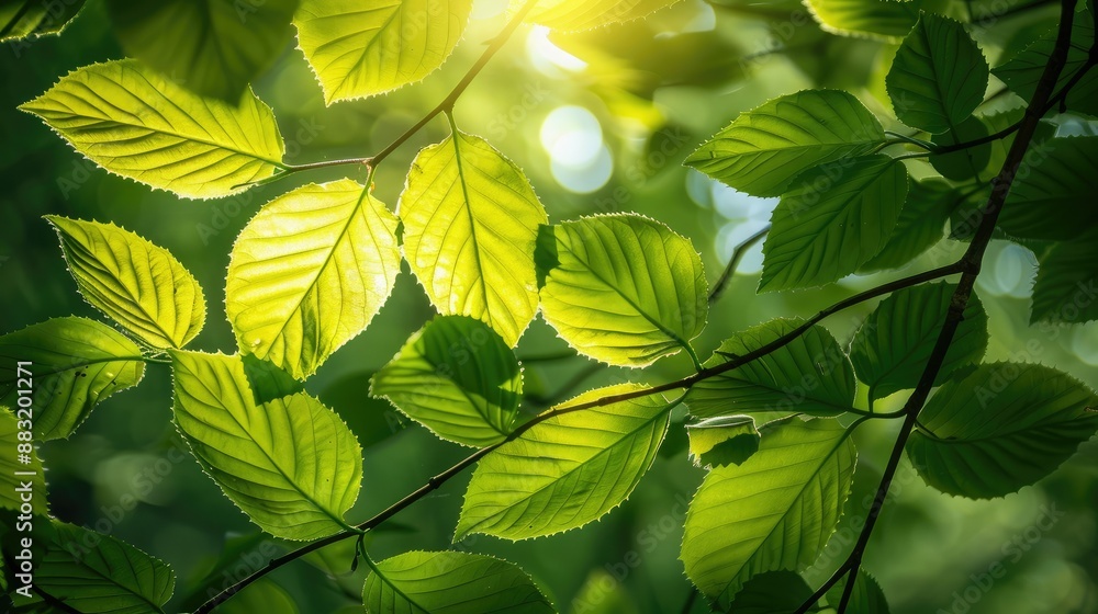 Poster sunlight filtering through leaves in spring