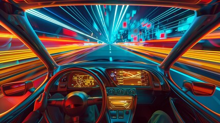 A driver navigates a futuristic car through a high-speed neon-lit urban environment, showcasing advanced digital displays and a cyberpunk aesthetic.