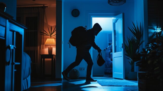 The burglar or intruder carrying the bag into the house, A silhouette of the thief with a backpack sneaking in the living room at night.