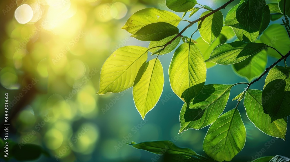Poster sunlight filtering through leaves in spring