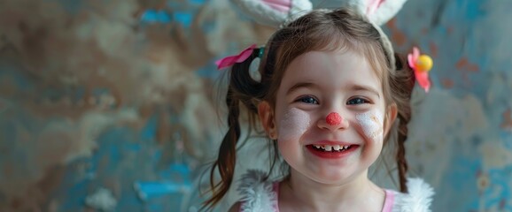 Obraz premium A cheerful little girl, with face painting as an Easter bunny, her face beaming with joy