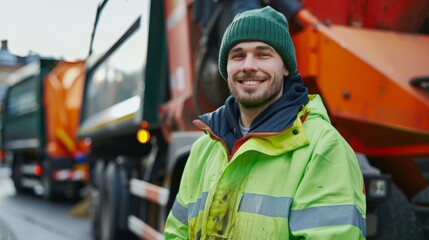 Young garbage man standing next to a trash truck smiling at the camera, Garbage removal man working on city road.