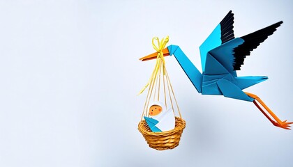 Animal concept origami isolated on white background of a stork carrying a baby. a myth that started by storks nesting on the roof of a household were believed to bring good luck.  isolated on white