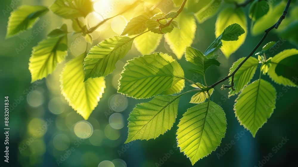 Poster sunlight filtering through leaves in spring
