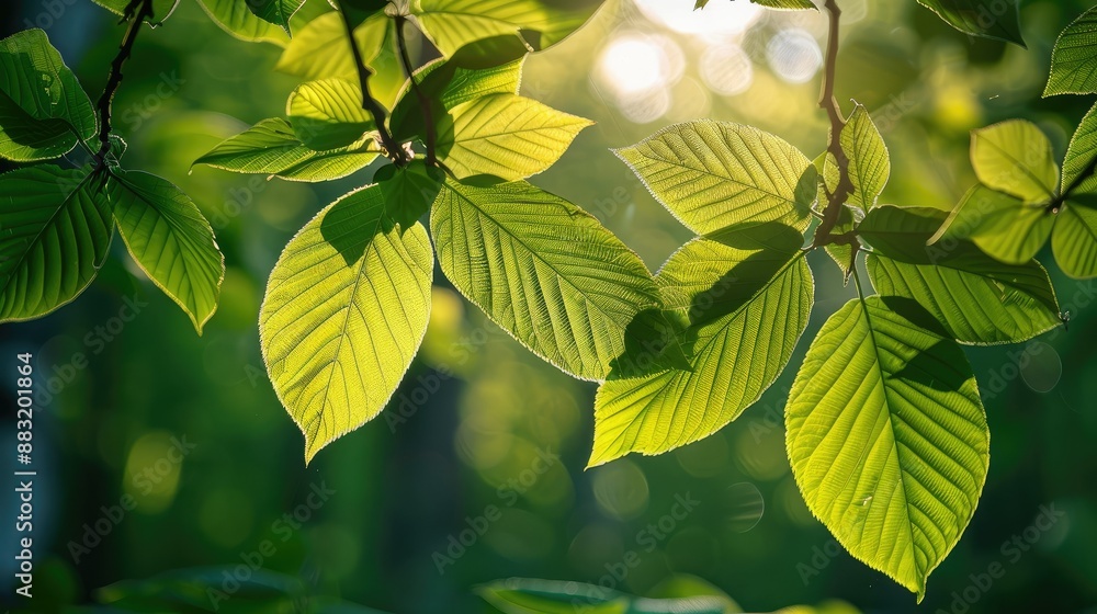 Poster sunlight filtering through leaves in spring