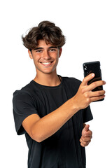 a young positive man holding a mobile phone to the camera, influencer style
