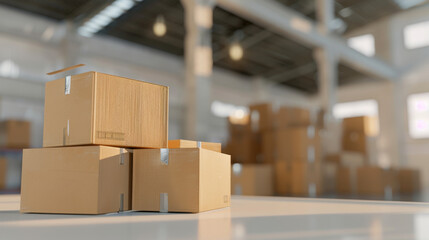 Stack of cardboard boxes arranged in a warehouse with blurred background indicating a busy, organized distribution center.