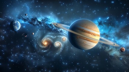 Fototapeta premium A mesmerizing depiction of the solar system with planets including a prominent Jupiter, set in a magical space backdrop featuring swirling galaxies and numerous celestial objects.