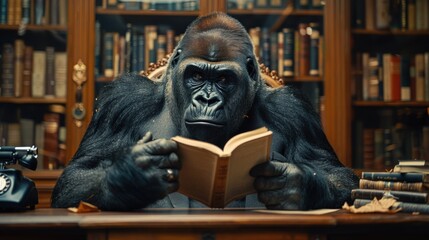 Gorilla reading a book