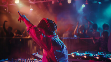 A dynamic DJ, bathed in colorful lights, energizes the crowd with lively music at a vibrant nightclub party.