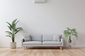 Modern minimalist living room with a gray sofa, potted plants, and wooden flooring creating a clean and serene ambiance.