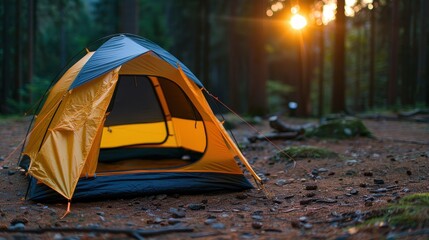 This beautiful scene shows an illuminated yellow tent set up in a forest campsite during evening time, highlighting the peacefulness and serenity of nature and camping life.