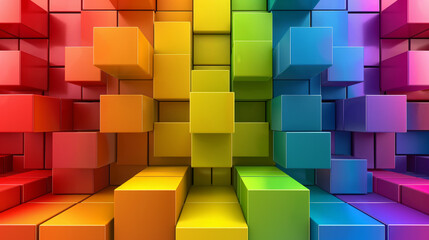Abstract geometric background of colorful cubes, arranged in staggered pattern, showcasing a wide range of hues from red to purple