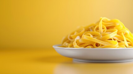 A vivid image displaying fresh tagliatelle pasta collected on a white plate, set against a rich yellow background, showcasing its flat, ribbon-like structure prominently.