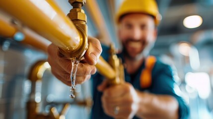 A close-up of a plumber in action, fixing a leaking pipe while wearing a hard hat. The image captures the details of the tools, the leaking water, and the gold-colored piping.