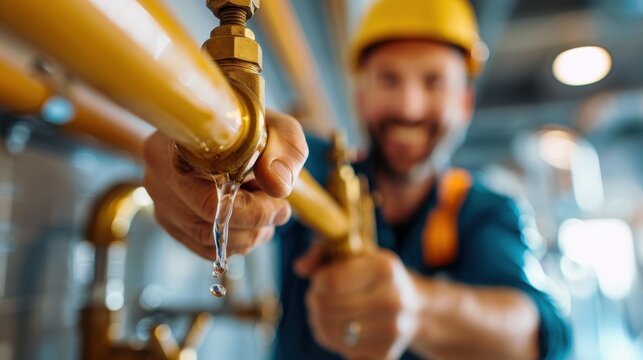 A close-up of a plumber in action, fixing a leaking pipe while wearing a hard hat. The image captures the details of the tools, the leaking water, and the gold-colored piping.