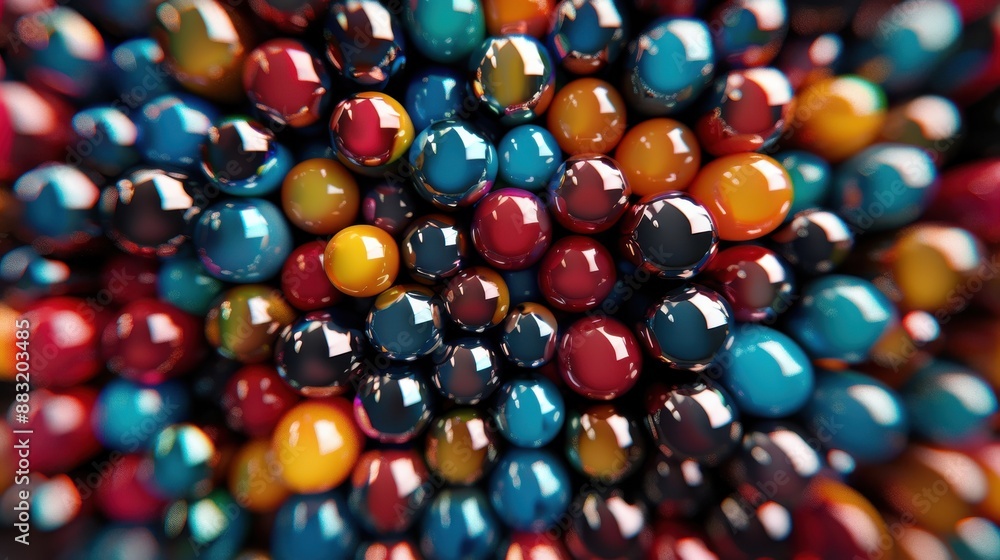 Poster an abstract image featuring a large group of glossy, shiny balls in a multitude of vibrant colors, a