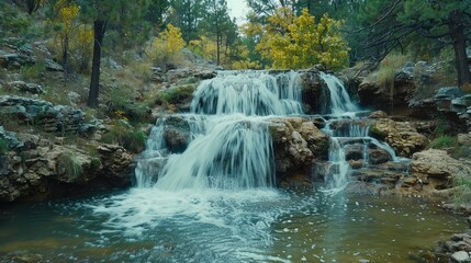 Obraz premium Serene Waterfall Cascades through Forest.