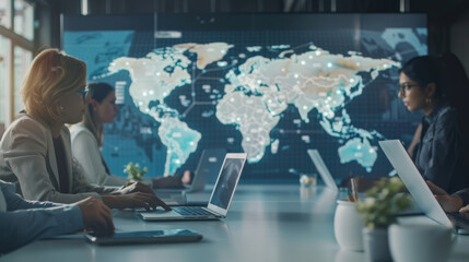 A team of professionals focuses on laptops with a digital world map behind them, depicting a collaborative high-tech business environment.
