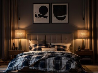 Cozy Bedroom with Plaid Bedding and Soft Glowing Lamps