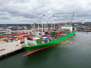 Aerial top view container ship full load container for logistics import, export, shipping or...