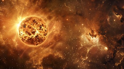 Obraz premium A striking golden planet radiating light and heat, with a dramatic backdrop of swirling cosmic nebulae, representing the constant and fiery energy of the universe, inspiring wonder and awe.