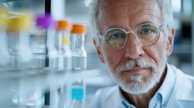 Close-up of an older scientist with glasses and a lab coat in a laboratory, surrounded by colorful test tubes, emphasizing wisdom, research, and lifelong dedication to science. - Powered by Adobe