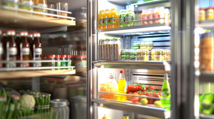 Well-stocked refrigerator showcasing a variety of beverages, jars, and fresh produce neatly organized.