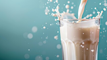 An exhilarating image showcasing milk being poured into a glass cup, resulting in an overflowing splash frozen in time, with a detailed focus on the splash motion.