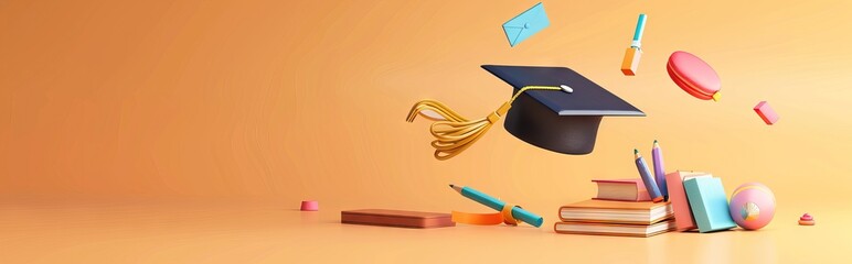 concept of obtaining higher education. stack of books and graduate cap on a blue background. 3d render. illustration. AI generated illustration