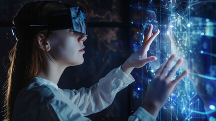 A woman in a VR headset interacts with a holographic interface, immersed in a digital environment with vibrant blue light and futuristic graphics.