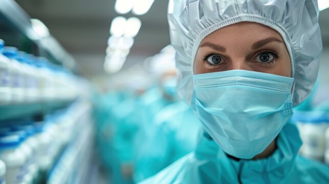 This image shows a scientist wearing protective gear, including a mask and a gown, working in a laboratory, emphasizing safety and diligence in a scientific environment.