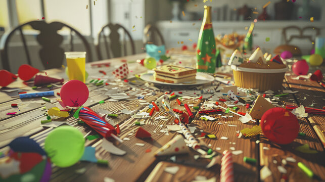 A chaotic aftermath of a birthday party on a wooden table, littered with party hats, balloons, confetti, and snacks, evoking a sense of joyous celebration.