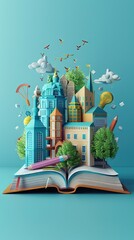 Styled pop-up book city with busy urban city people. 3D illustration. AI generated illustration
