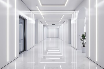Fototapeta premium Futuristic white corridor with LED lighting and modern design, featuring sleek lines and minimalistic decor in a clean, bright environment.