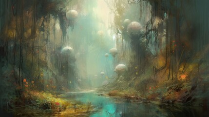 Naklejka premium Bioluminescent Jellyshroom Forest River