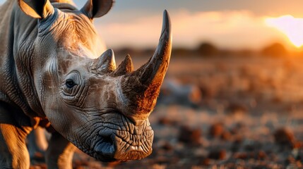 Fototapeta premium A profile view of a rhinoceros standing on a plain during the golden sunset hour, highlighting the majestic and serene presence of this powerful animal in its natural habitat.