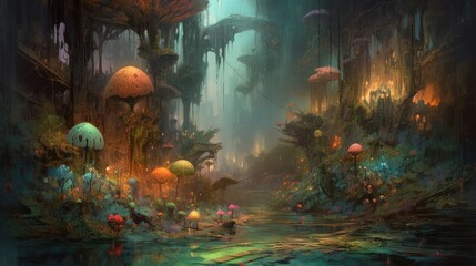 Bioluminescent mushrooms in a mystical forest with a glowing river