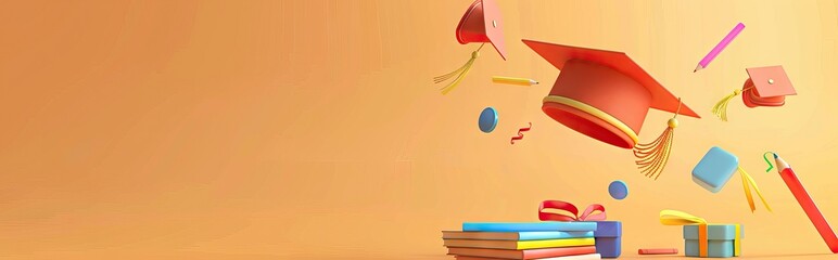 concept of obtaining higher education. stack of books and graduate cap on a blue background. 3d render. illustration. AI generated illustration