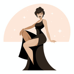 Sitting lady in a black dress. Beautiful woman. Vector graphics