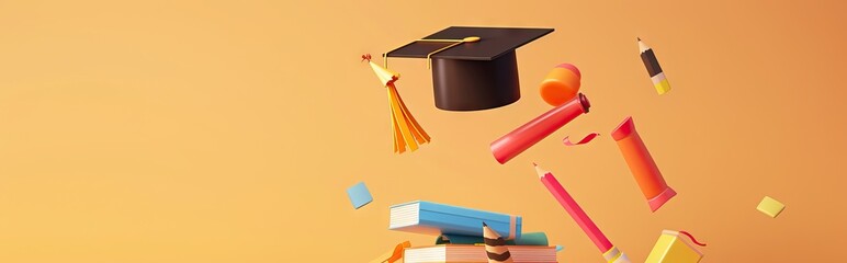 concept of obtaining higher education. stack of books and graduate cap on a blue background. 3d render. illustration. AI generated illustration
