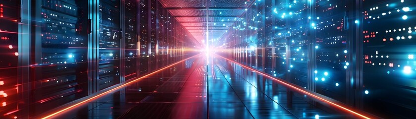 Obraz premium Renewable Energy Powered Futuristic Data Center with Smart Cooling and Resource Management for Efficiency and Sustainability