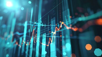 A dynamic visual representation of fluctuating financial data with graphs and charts illuminated in a futuristic style.