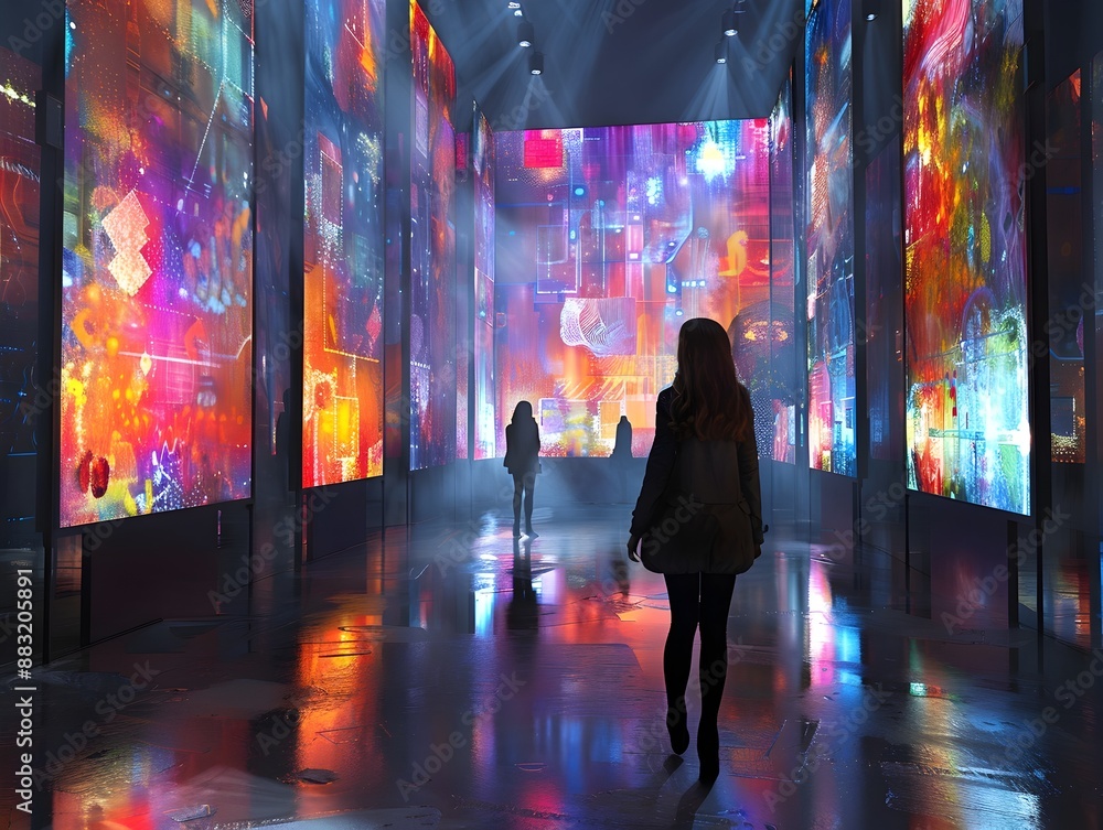 Poster vibrant digital art gallery with interactive screens inviting visitors to create and display their o
