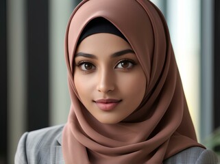 Naklejka premium Confident Woman in hijab stands against blurred office background. Ai Generated